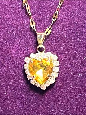 Gold Heart Pendant Necklace with Citrine Surrounded by Crystal Accent Stones